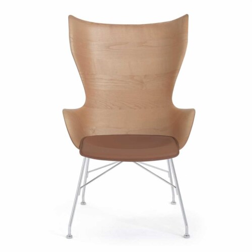 Kartell K/Wood stoel essen-Licht hout-Licht leer-Chroom